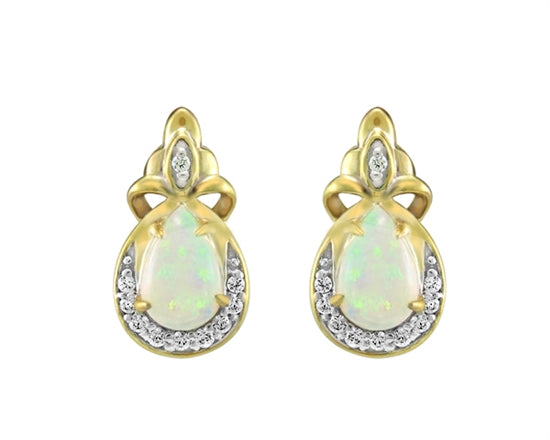 10K Yellow Gold 6x4mm Pear Cut White Opal and 0.09cttw Diamond Earrings with Butterfly Backings