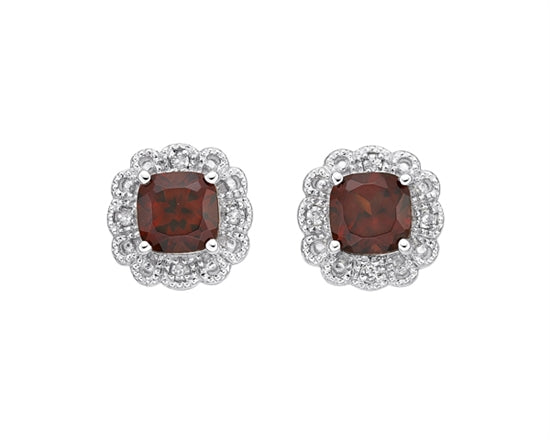 10K White Gold 4mm Cushion Cut Garnet and 0.026cttw Diamond Scallop Halo Stud Earrings with Butterfly Backings