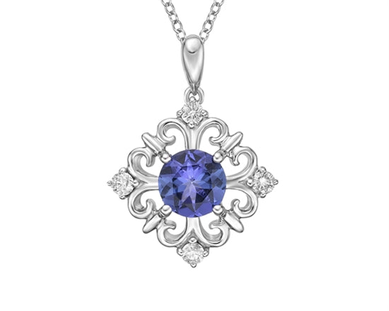 10K White Gold 5mm Round Cut Created Alexandrite and 0.09cttw Diamond Necklace - 18 Inches