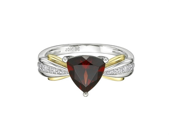 10K White and Yellow Gold 8mm Trillion Cut Garnet and 0.054cttw Diamond Ring - Size 7