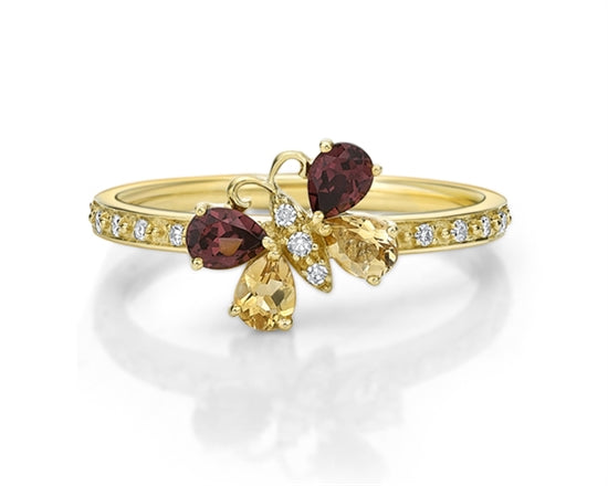 10K Yellow Gold 4x3mm Pear Cut Citrine and Rhodolite and 0.08cttw Diamond Butterfly Stack Ring - Size 7