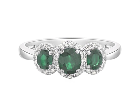 14K White Gold 5x4mm and 4x3mm Oval Cut Emerald and 0.15cttw Diamond Halo Ring - Size 7