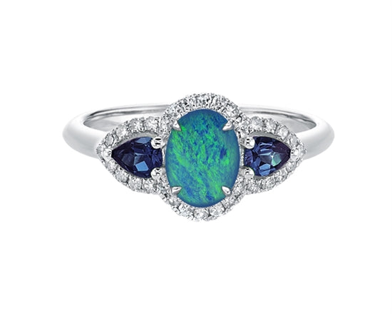 10K White Gold 7x5mm Oval Cut Black Opal Doublet, 4x3mm Pear Cut Blue Sapphire and 0.18cttw Diamond Halo Ring - Size 7