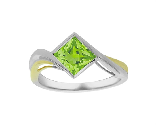 10K Two Tone 6mm Princess Cut Peridot Ring Size 7