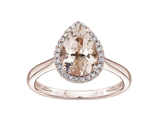 10K Rose Gold 10x7mm Pear Cut Morganite and 0.135cttw Diamond Halo Ring - Size 7