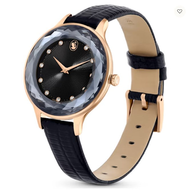 Swarovski Octea Nova watch Swiss Made, Leather strap, Black, Rose gold-tone finish - 5650033