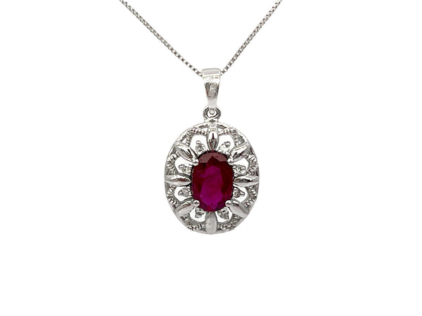 10K White Gold Ruby and Diamond Pendant, 18"