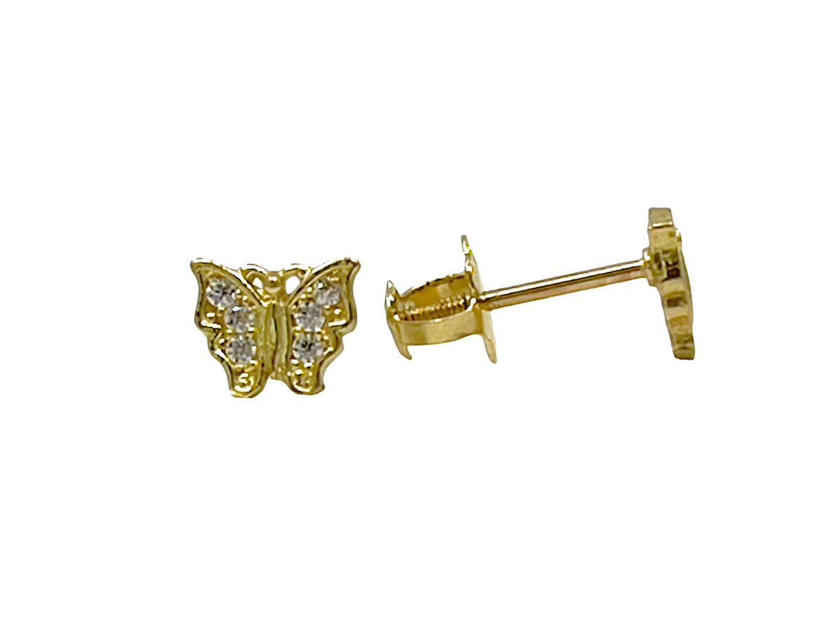 10K Yellow Gold Cubic Zirconia Butterfly Stud Earrings with Screw Backs - 4.6 x 5.6mm