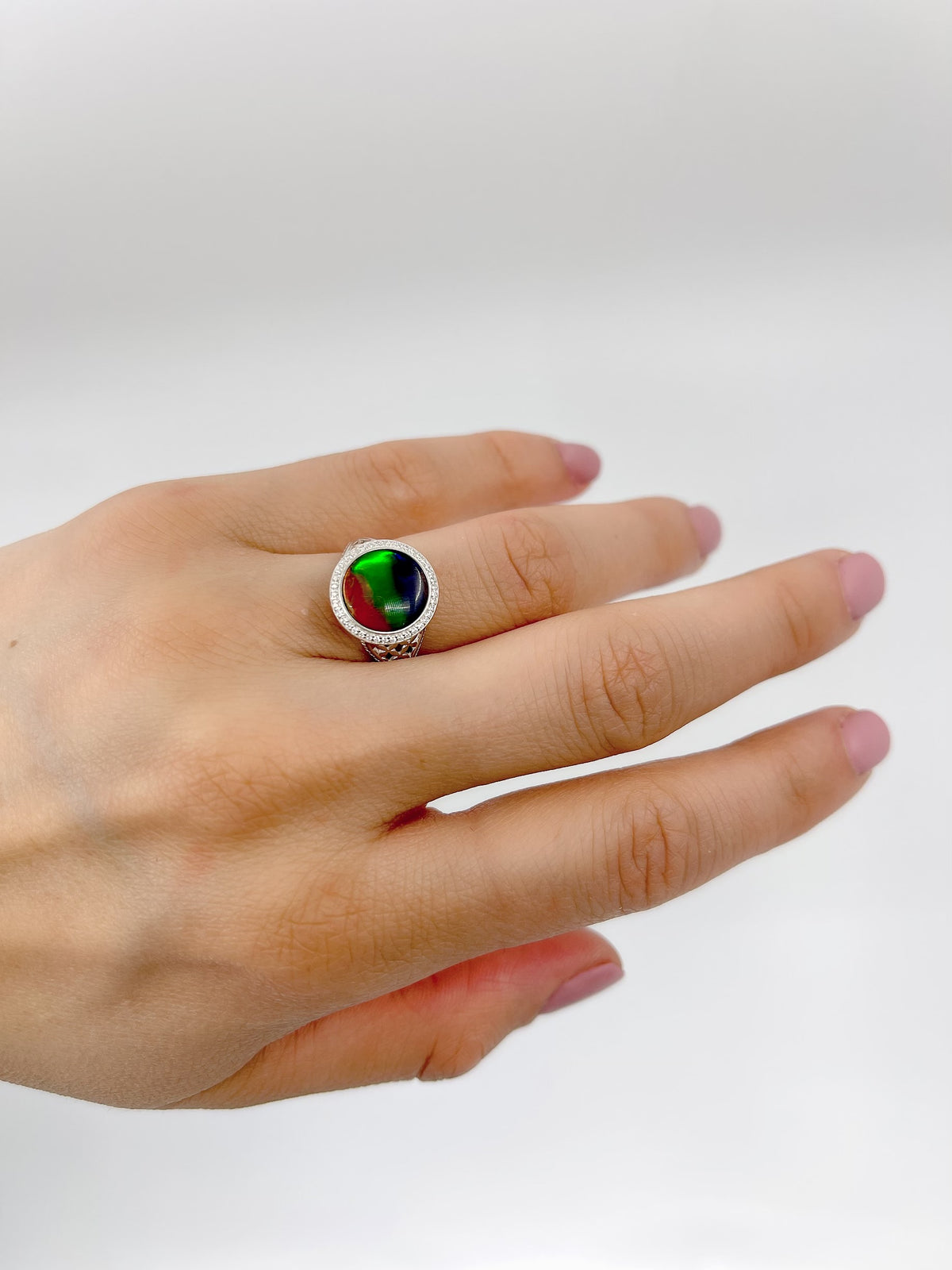 Sterling Silver &quot;AA&quot; Quality Ammolite Ring with Swarovski Crystal
