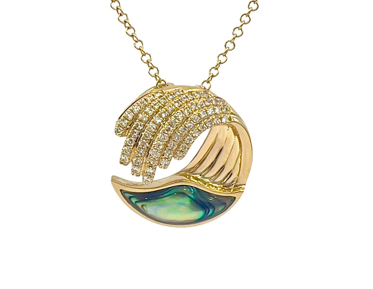 14K Yellow Gold 0.55cttw Abalone Shell and 0.17cttw Diamond Wave Necklace, 18&quot;