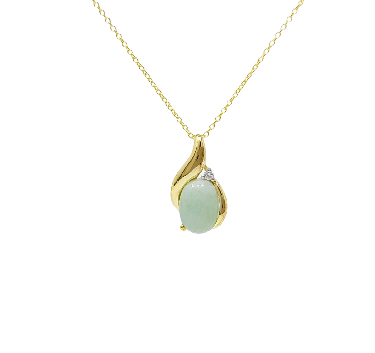10K Yellow Gold Jade And Diamond Pendant - 18&quot;