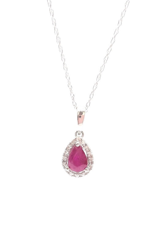 10K White Gold Genuine Ruby and Diamond Pendant, 18"