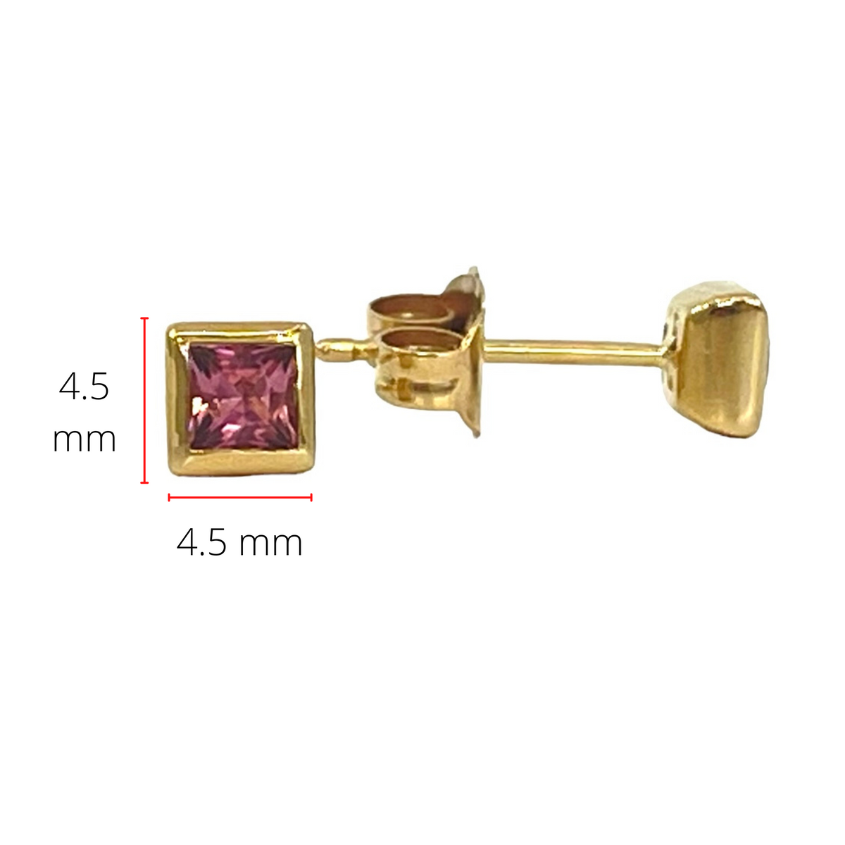 10K Yellow Gold 3mm Princess Cut Pink Tourmaline Stud Earrings with Butterfly Backings