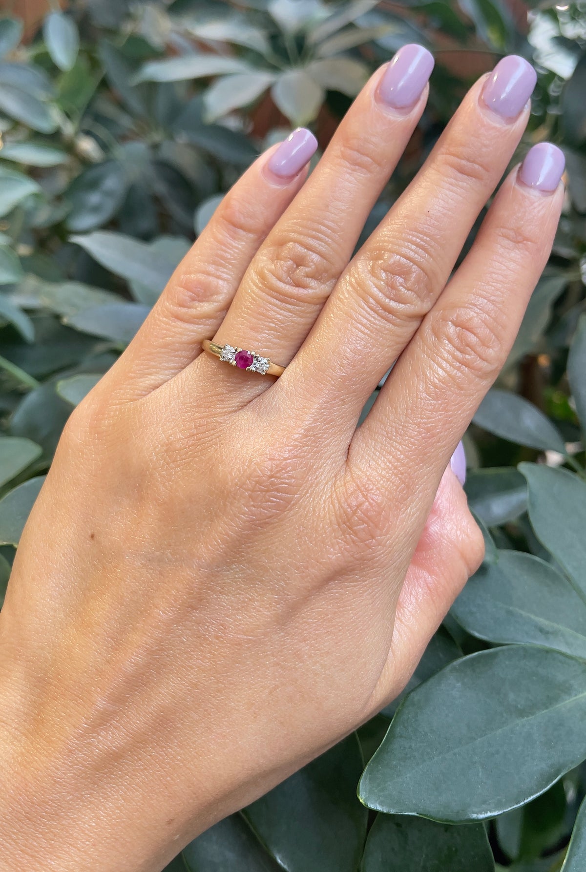 10K Yellow Gold Ruby and Diamond 3 Stone Ring - Size 6