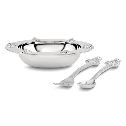 &quot;Silver-plated Teddy Bear Bowl, Spoon, Fork Set&quot;