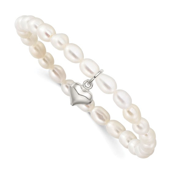 Sterling Silver Puffed Heart and 4-5mm White Rice Shape Freshwater Cultured Pearl 40mm Stretch Bracelet