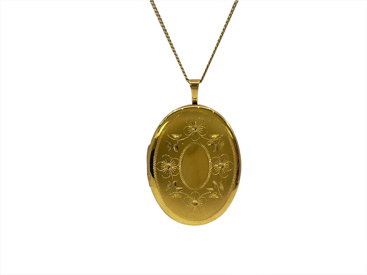 Gold Plated on 925 Sterling Silver Oval Shaped Locket with Etched FLoral Design - 26mm x 21mm