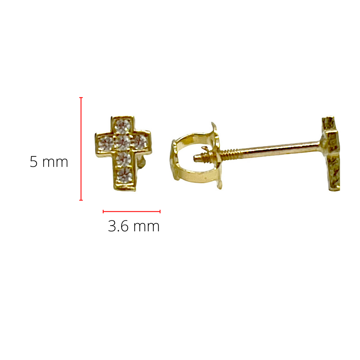 10K Yellow Gold Cubic Zirconia Cross Stud Earrings with Screw Backs - 5.0 x 3.6mm
