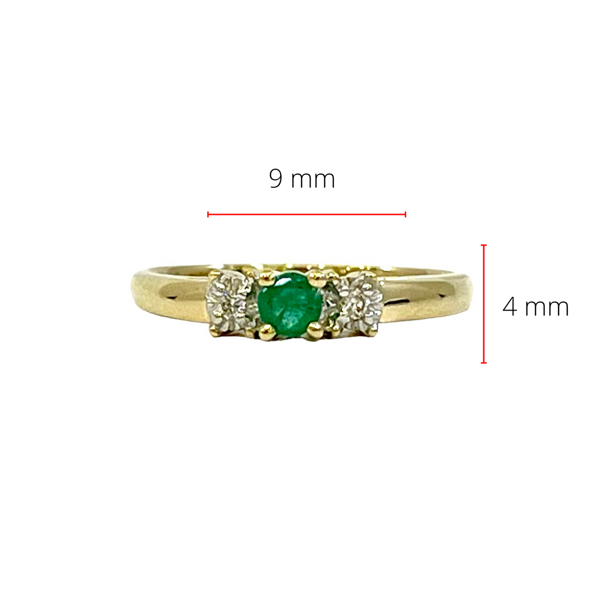 10K Yellow Gold Emerald and Diamond 3 Stone Ring - Size 6