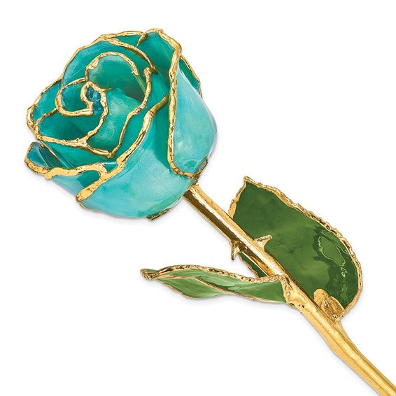 24K Lacquer Dipped Gold Trimmed Aqua Green Opalescent Real Rose