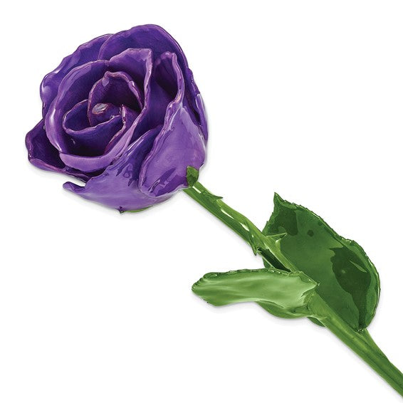 Lilac Lacquer Dipped Natural Rose with Green Leaves and Stem