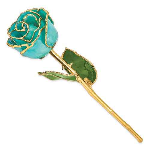 24K Lacquer Dipped Gold Trimmed Aqua Green Opalescent Real Rose