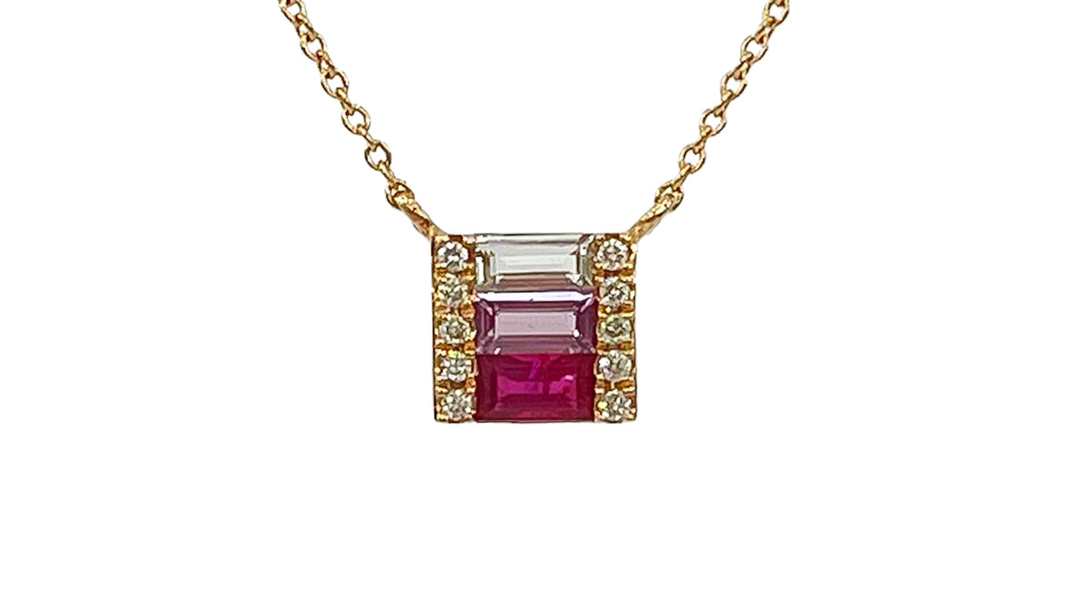 14K Yellow Gold Ruby, Pink Sapphire, White Topaz and Diamond Necklace, 18&quot;