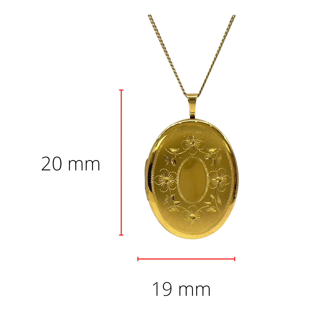 Gold Plated on 925 Sterling Silver Oval Shaped Locket with Etched FLoral Design - 26mm x 21mm
