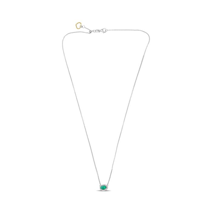 18K White Gold  Oval Cut Emerald and Diamond Halo Necklace, 16-18&quot;