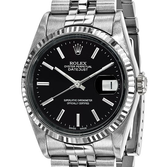 Rolex by Swiss Crown™ de segunda mano en EE. UU. Reloj Rolex Jubilee Datejust de acero de 36 mm con certificación independiente y segunda mano, esfera negra y bisel estriado de 18k 