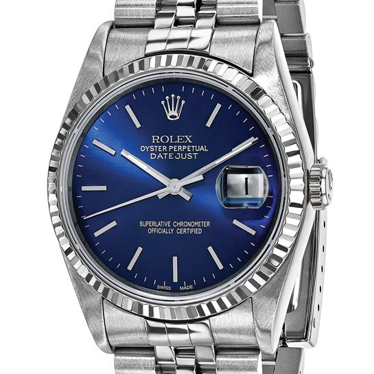 Reloj Rolex Jubilee Datejust de acero de 36 mm con esfera azul y bisel estriado de 18k y certificado independiente de segunda mano en EE. UU. Swiss Crown™ 