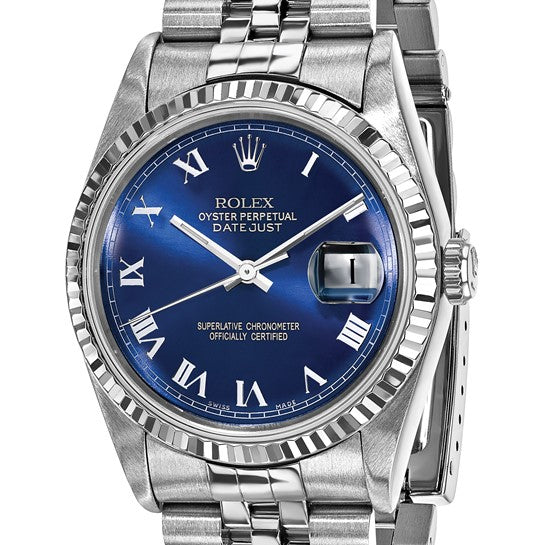 Reloj Rolex Jubilee Datejust de acero de 36 mm con esfera azul y bisel estriado de 18k y certificado independiente de segunda mano en EE. UU. Swiss Crown™ 