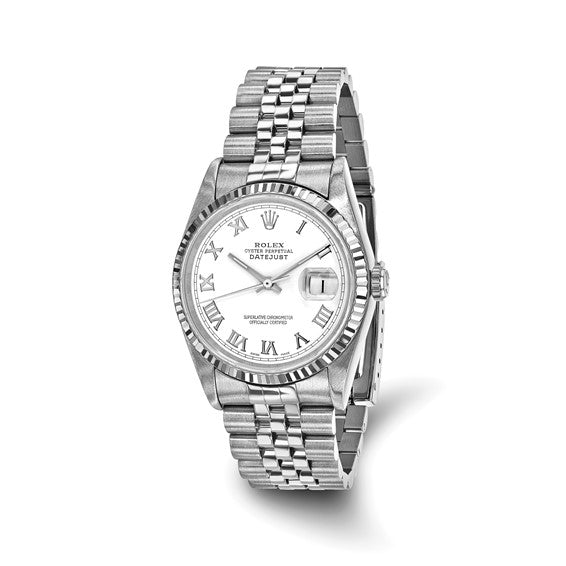 Swiss Crown™ USA Pre-owned Rolex-Independently Certified Steel 36mm Jubilee Datejust White Dial and 18k Fluted Bezel Watch