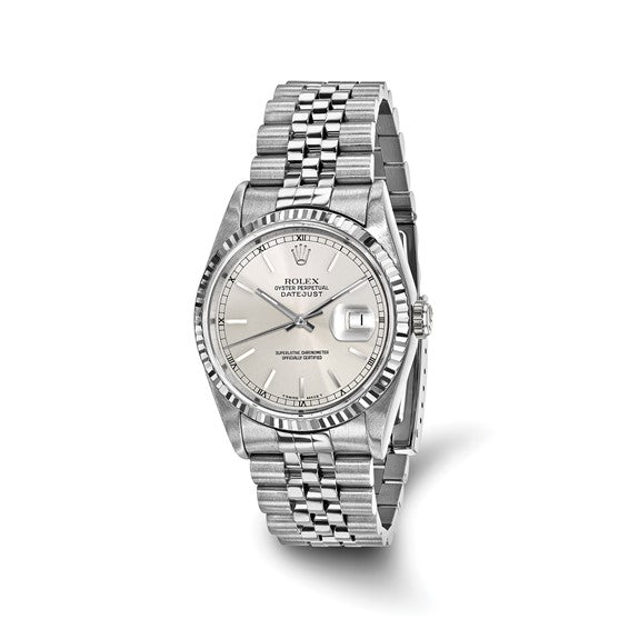 Swiss Crown™ USA Pre-owned Rolex-Independently Certified Steel 36mm Jubilee Datejust Silver Dial and 18k Fluted Bezel Watch