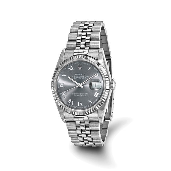 Swiss Crown™ USA Pre-owned Rolex-Independently Certified Steel 36mm Grey Roman Diamond Datejust Watch