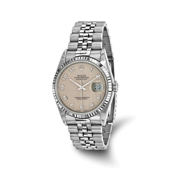 Swiss Crown™ USA Pre-owned Rolex-Independently Certified SS Datejust Jubilee With CREAM Diamond Dial and 18k Bezel