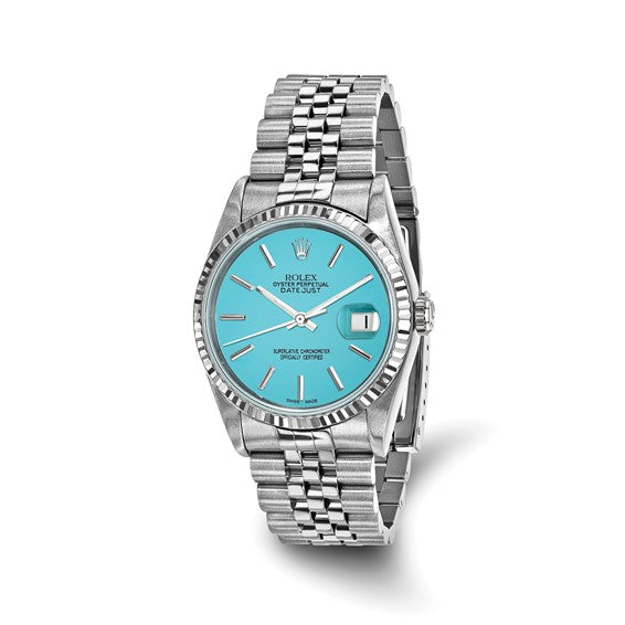 Swiss Crown™ USA Pre-owned Rolex-Independently Certified Steel 36mm Jubilee Datejust Teal Dial and 18k Fluted Bezel Watch