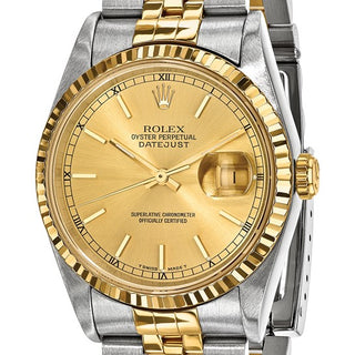 Swiss Crown™ USA Pre-owned Rolex-Independently Certified Steel and 18k 36mm Jubilee Datejust Champagne Dial and Fluted Bezel Watch