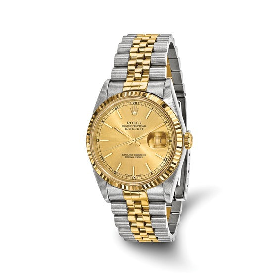 Swiss Crown™ USA Pre-owned Rolex-Independently Certified Steel and 18k 36mm Jubilee Datejust Champagne Dial and Fluted Bezel Watch