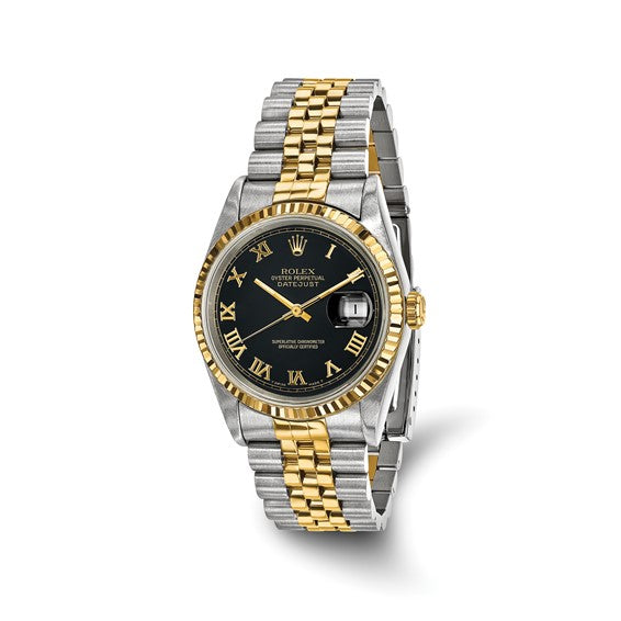 Swiss Crown™ USA Pre-owned Rolex-Independently Certified Steel and 18k 36mm Jubilee Datejust Black Roman Dial and Fluted Bezel Watch