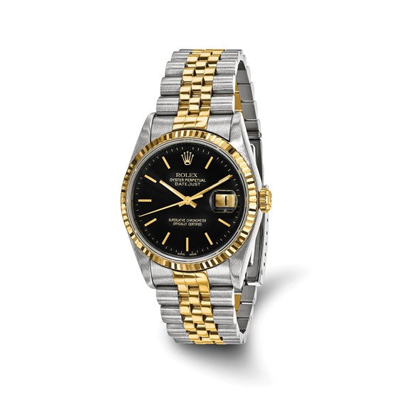 Rolex de segunda mano de Swiss Crown™ EE. UU. Reloj Rolex de segunda mano certificado independientemente de acero y reloj Jubilee Datejust de 18k y 36 mm con esfera negra y bisel estriado 