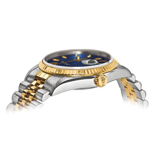 Rolex de segunda mano de Swiss Crown™ EE. UU. Reloj Rolex de segunda mano certificado independientemente de acero y reloj Jubilee Datejust de 18k y 36 mm con esfera azul y bisel estriado 