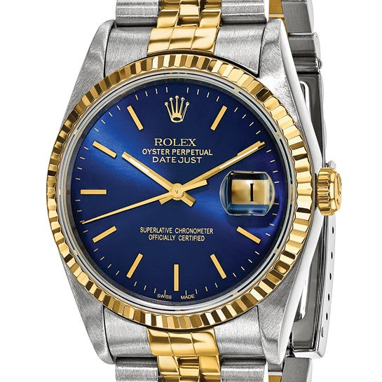 Rolex de segunda mano de Swiss Crown™ EE. UU. Reloj Rolex de segunda mano certificado independientemente de acero y reloj Jubilee Datejust de 18k y 36 mm con esfera azul y bisel estriado 