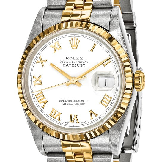 Rolex de segunda mano de Swiss Crown™ EE. UU. Reloj Rolex de segunda mano certificado independientemente de acero y reloj Jubilee Datejust de 18k y 36 mm con esfera blanca y bisel estriado 