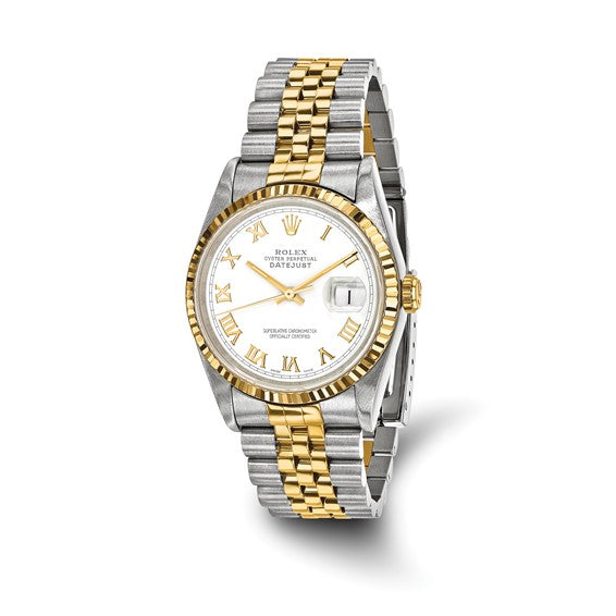 Rolex de segunda mano de Swiss Crown™ EE. UU. Reloj Rolex de segunda mano certificado independientemente de acero y reloj Jubilee Datejust de 18k y 36 mm con esfera blanca y bisel estriado 