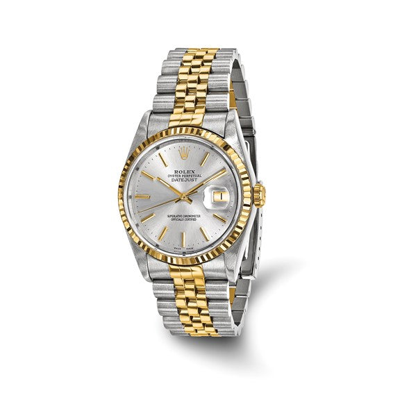 Swiss Crown™ USA Pre-owned Rolex-Independently Certified Steel and 18k 36mm Jubilee Datejust Silver Dial and Fluted Bezel Watch