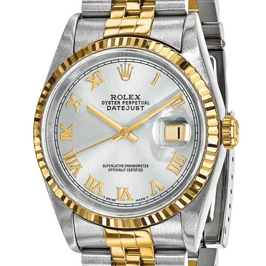 Swiss Crown™ USA Pre-owned Rolex-Independently Certified Two-tone Datejust Jubilee With GREY ROMAN Diamond Dial and 18k Bezel