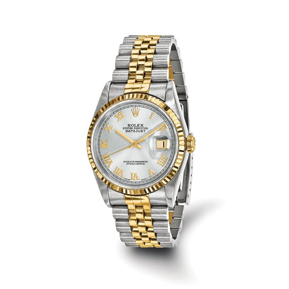 Swiss Crown™ USA Pre-owned Rolex-Independently Certified Two-tone Datejust Jubilee With GREY ROMAN Diamond Dial and 18k Bezel