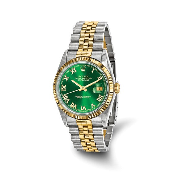 Swiss Crown™ USA Pre-owned Rolex-Independently Certified Steel and 18k 36mm Jubilee Datejust Green Dial and Fluted Bezel Watch