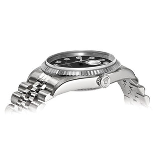 Reloj Rolex by Swiss Crown™ de segunda mano con certificación independiente de acero Rolex de 36 mm Jubilee Datejust con esfera de diamantes negros y bisel estriado de 18k 